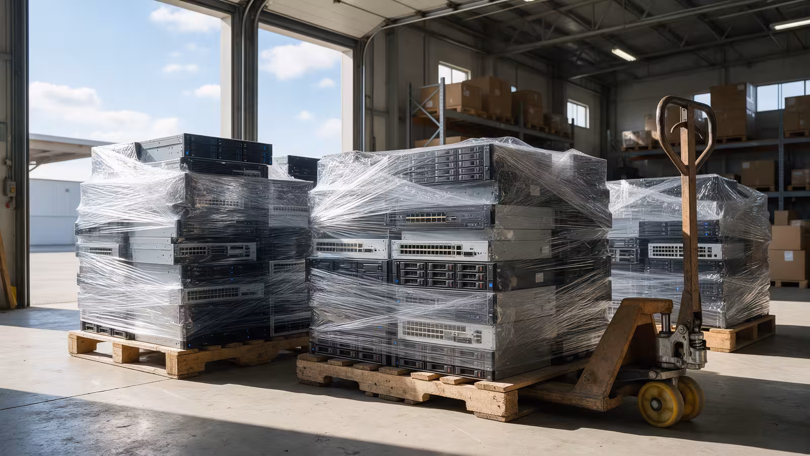 Realistic scene of pallets of servers and networking gear staged on a warehouse dock for a business pickup