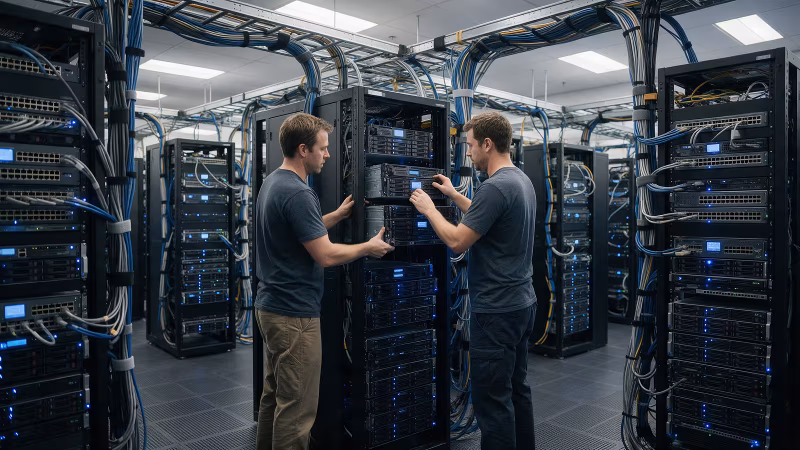 Realistic scene of technicians unracking servers from server racks during a data center decommission