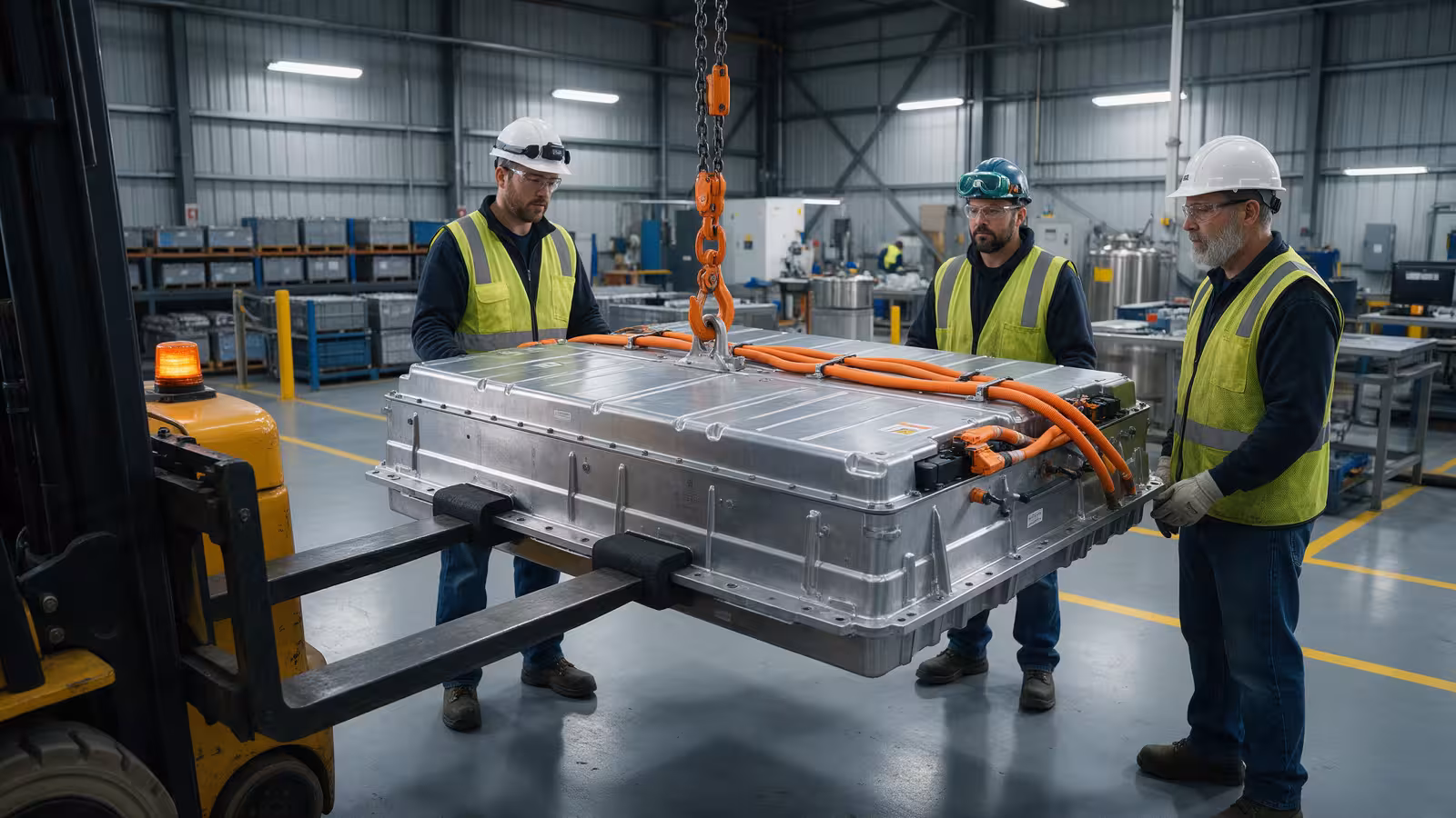 Realistic scene of a large electric-vehicle lithium battery pack handled with equipment by technicians in PPE at a recycling facility