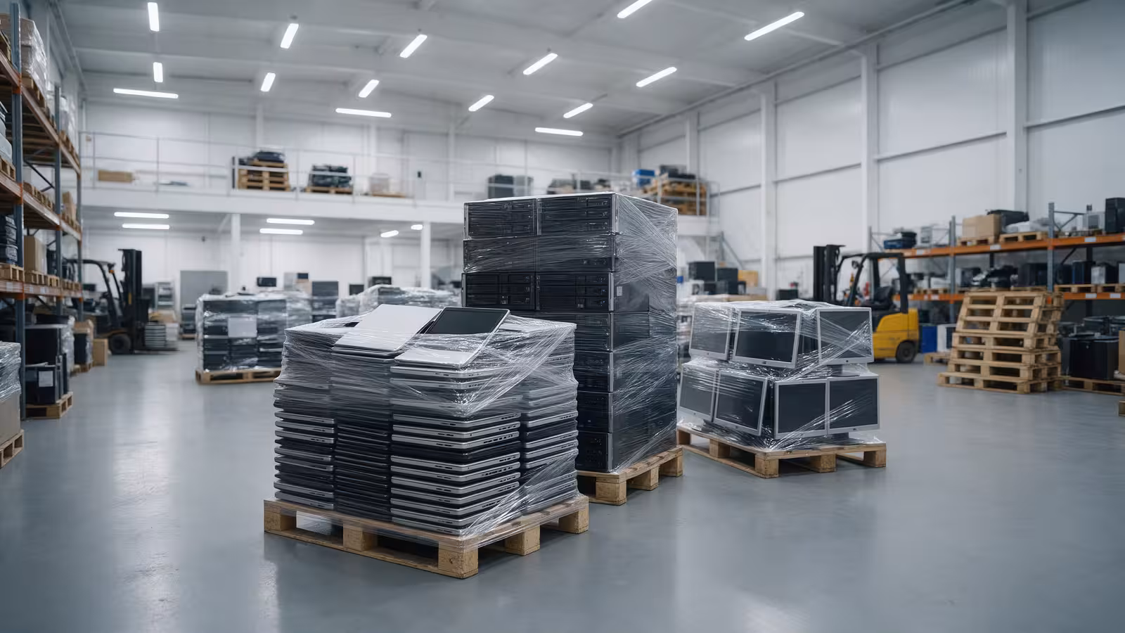 Neatly palletized and sorted retired business electronics staged on a warehouse floor, ready for certified recycling and material recovery