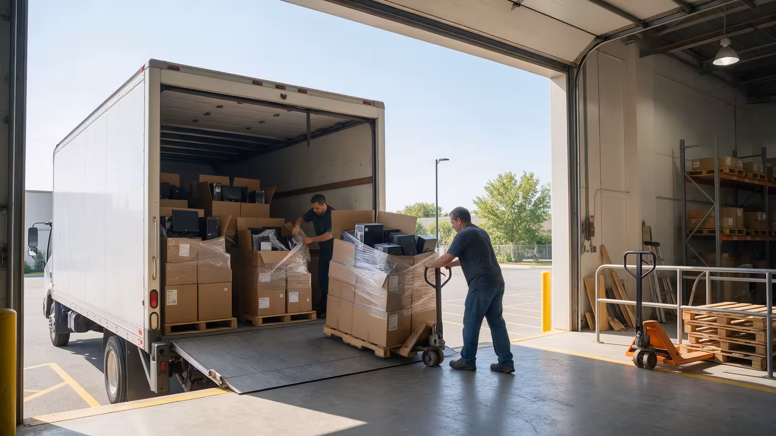 A Modern Waste Solutions box truck backed into a business loading dock while a technician wheels palletized electronics and labeled battery bins aboard during a scheduled pickup