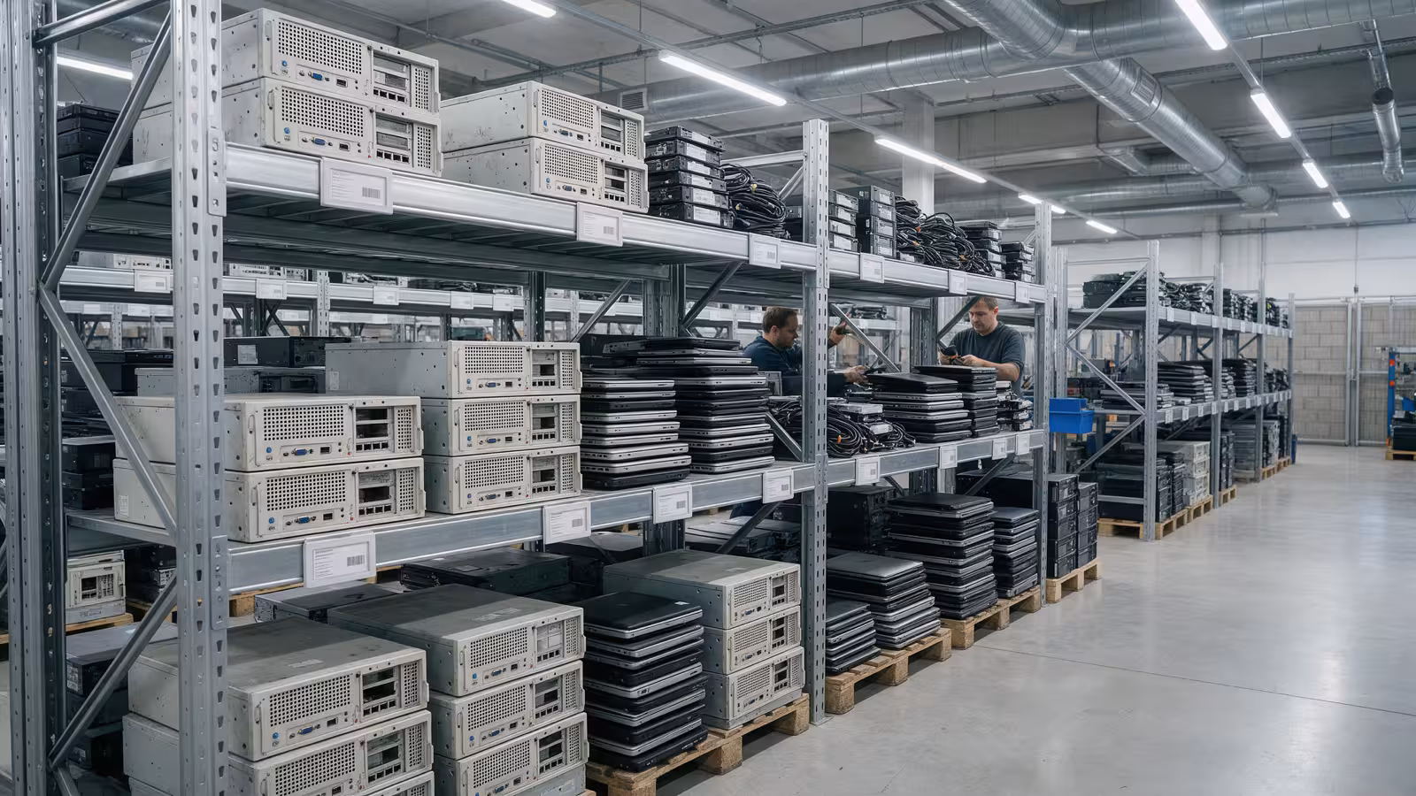 Decommissioned servers and laptops being inventoried and barcode-scanned on labeled shelving at a secure ITAD processing facility