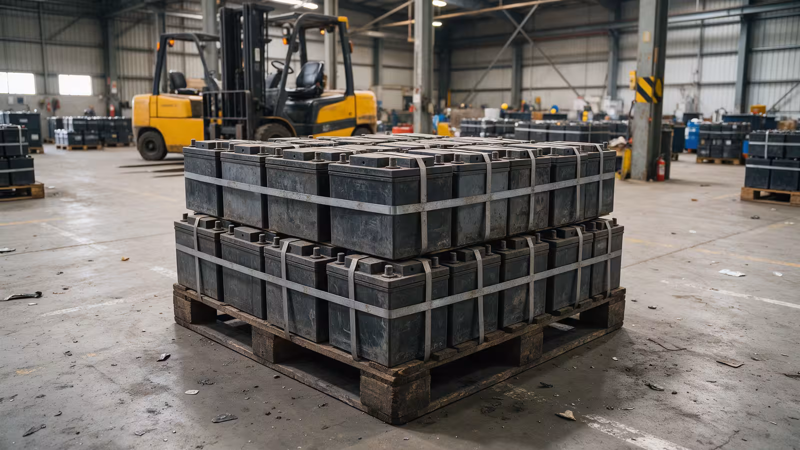 A pallet of used lead-acid and UPS backup batteries banded and staged for certified recycling in a warehouse