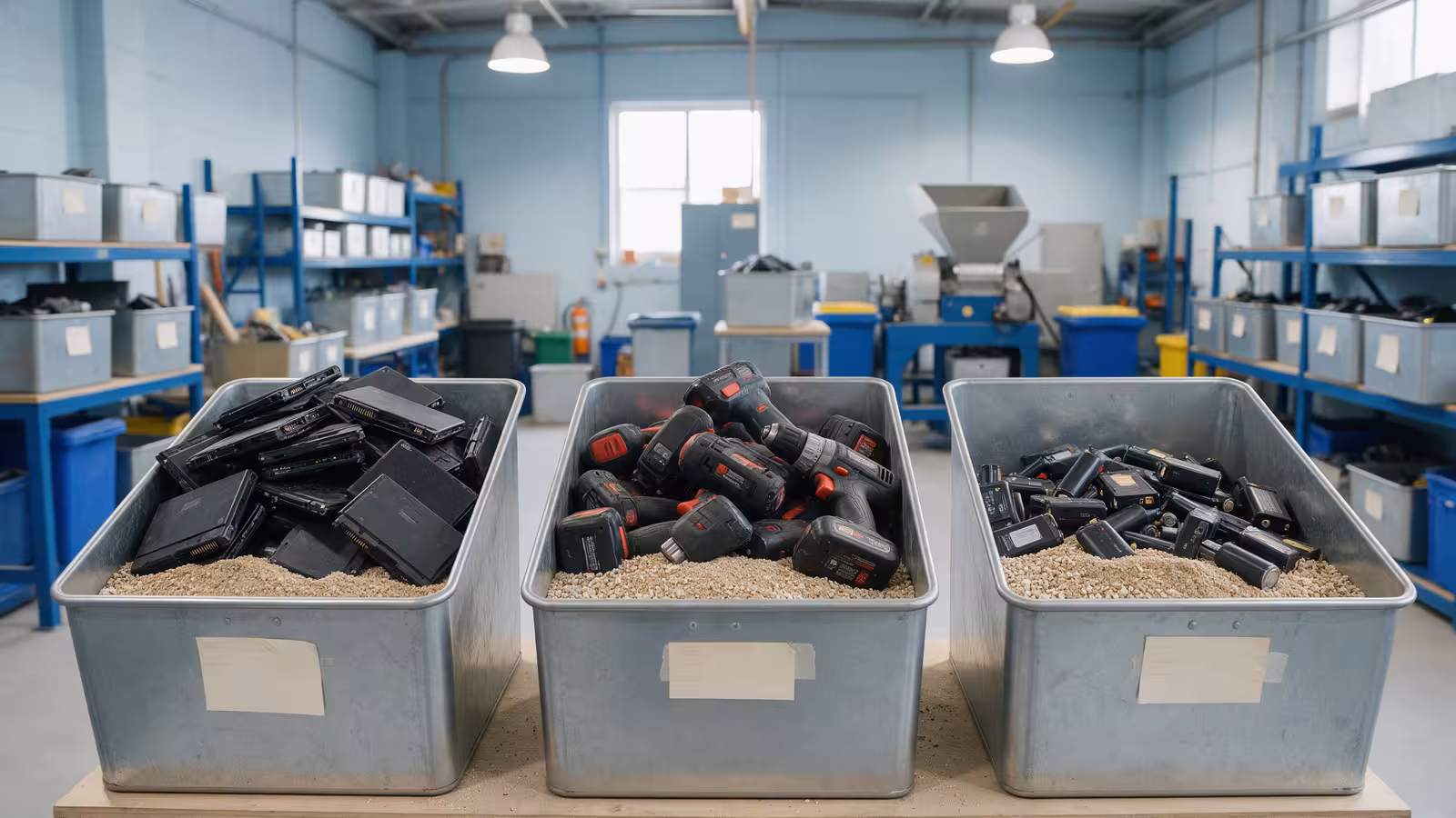 Realistic scene of sorted lithium-ion battery packs in labeled fire-safe containers at a recycling facility