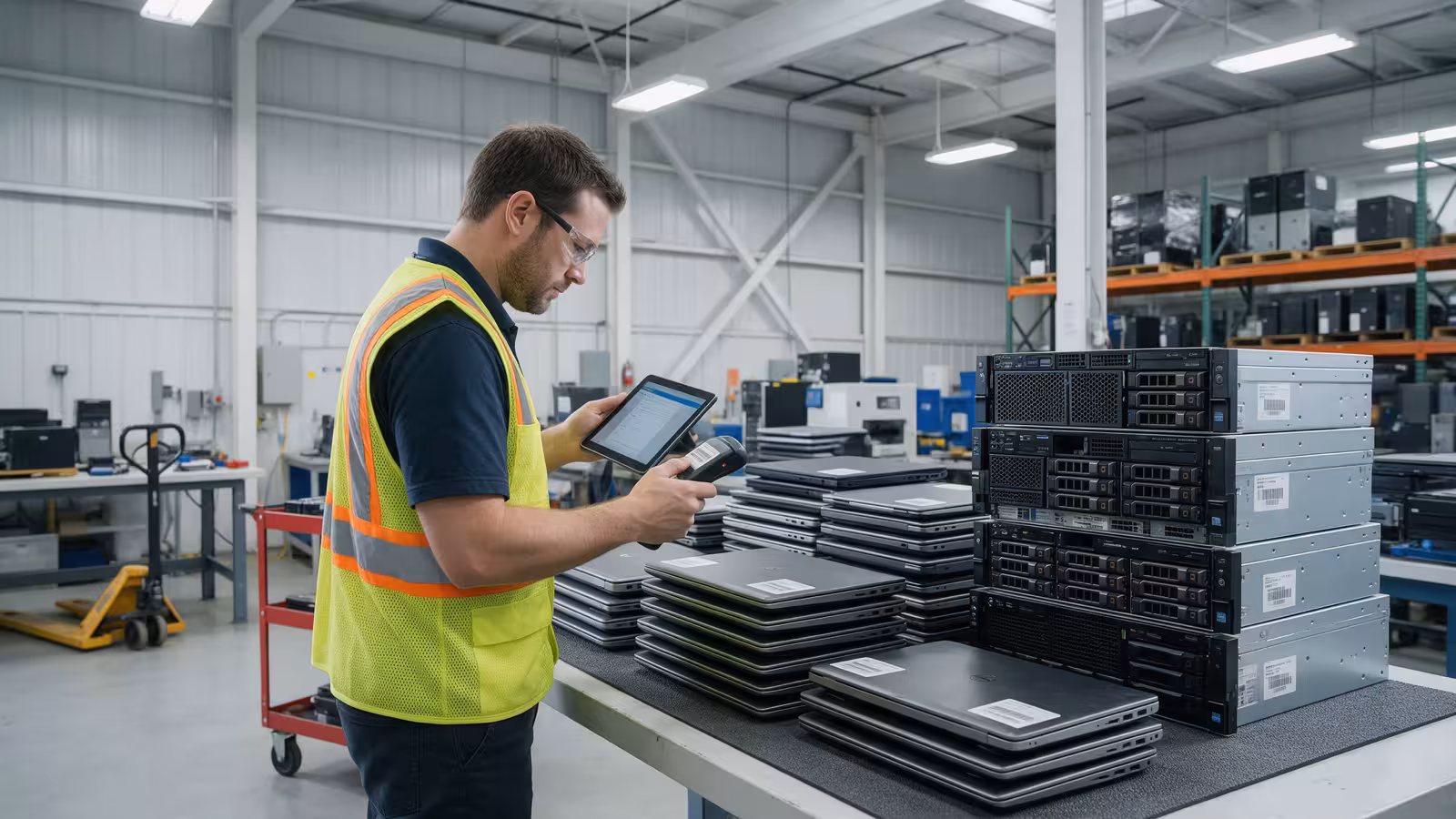 A technician at an intake station scanning a barcoded laptop and logging it on a clipboard, documenting chain of custody for retired business electronics