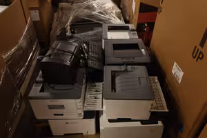 Retired printers collected for electronics recycling at Modern Waste Solutions