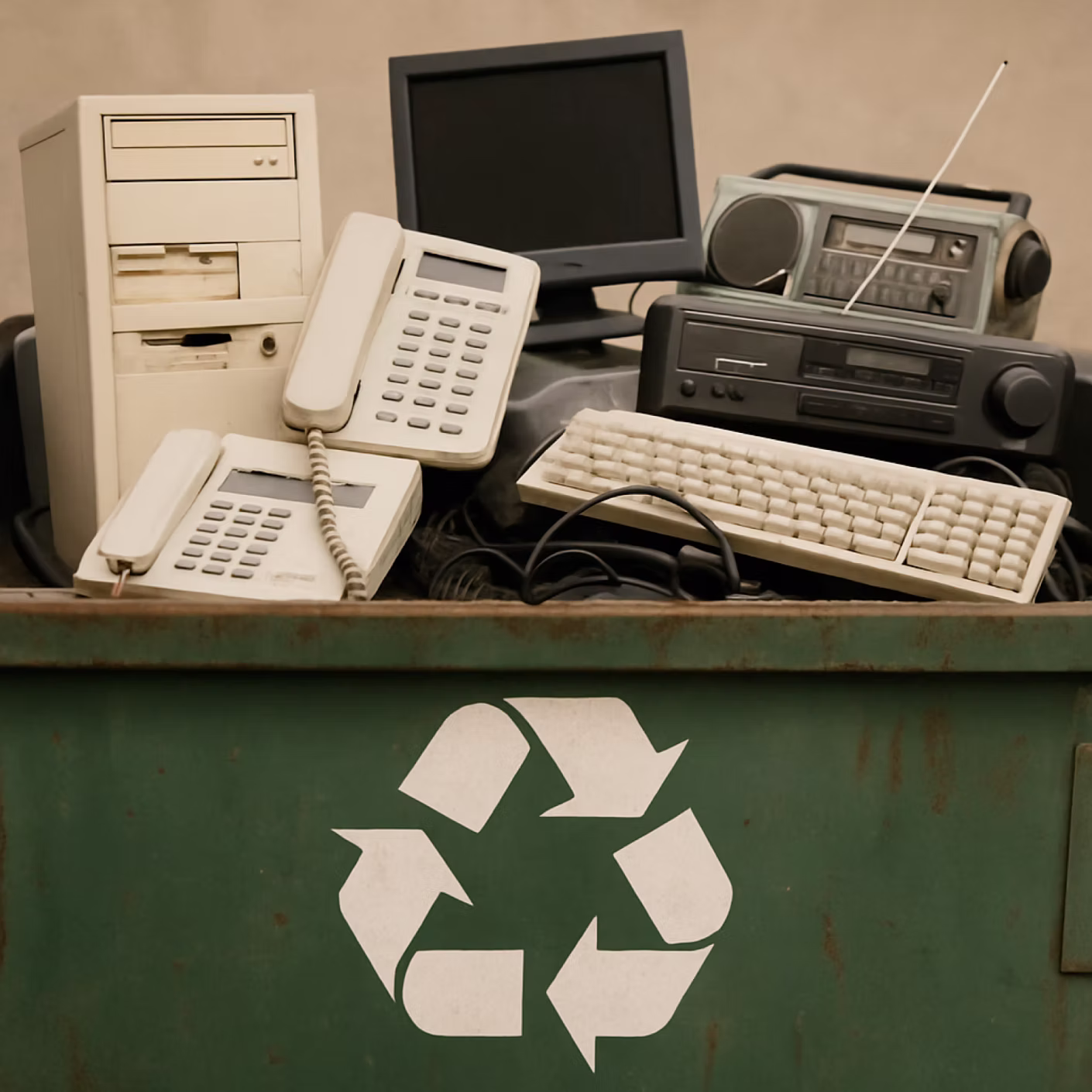 CRT monitor, keyboard, and other electronics collected for recycling