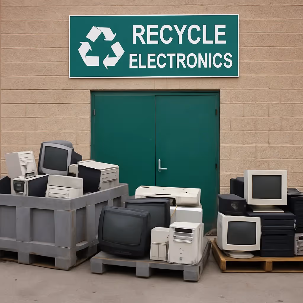 Old electronics collected and ready for drop-off at a recycling center