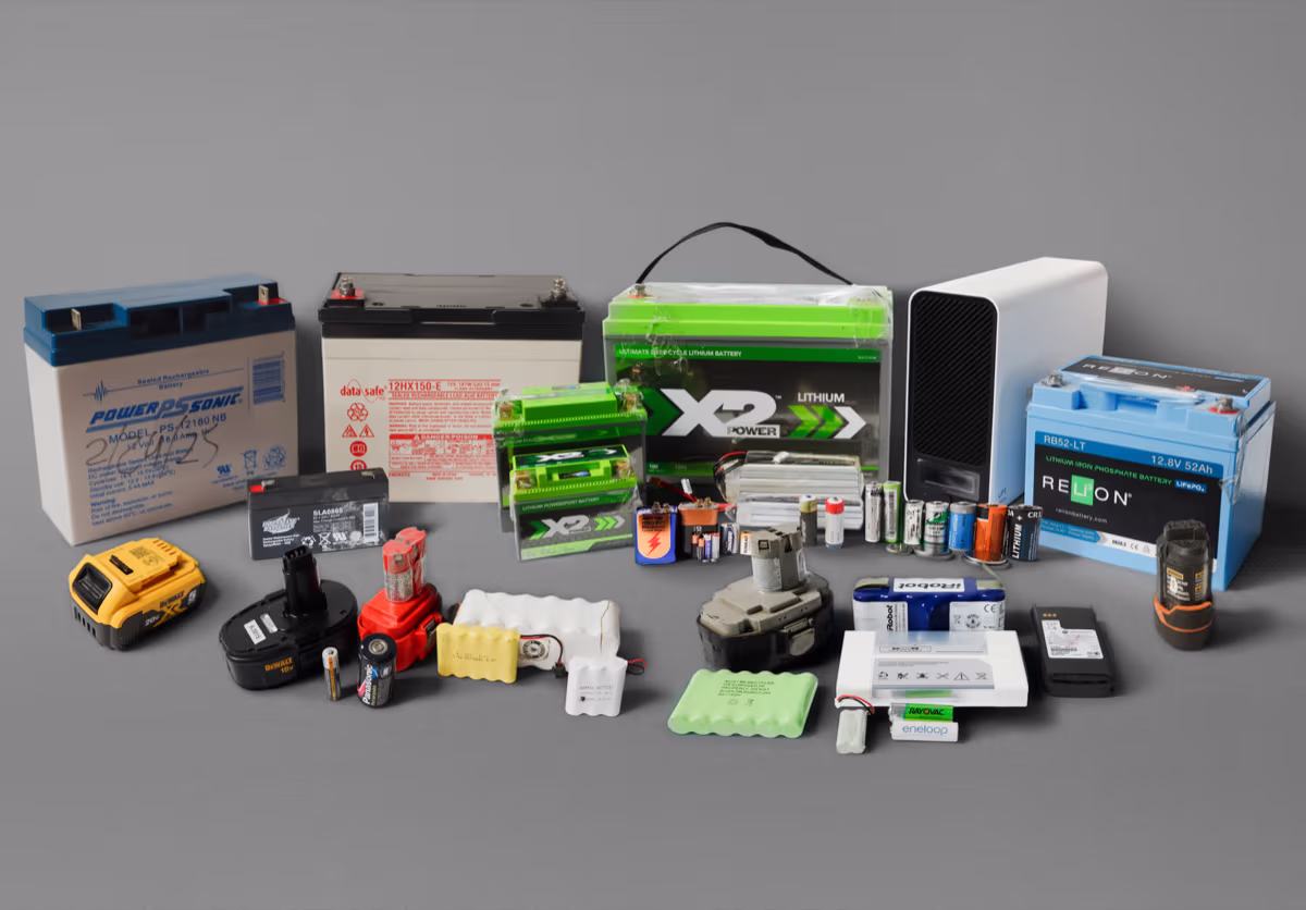 Various types and sizes of batteries collected for recycling