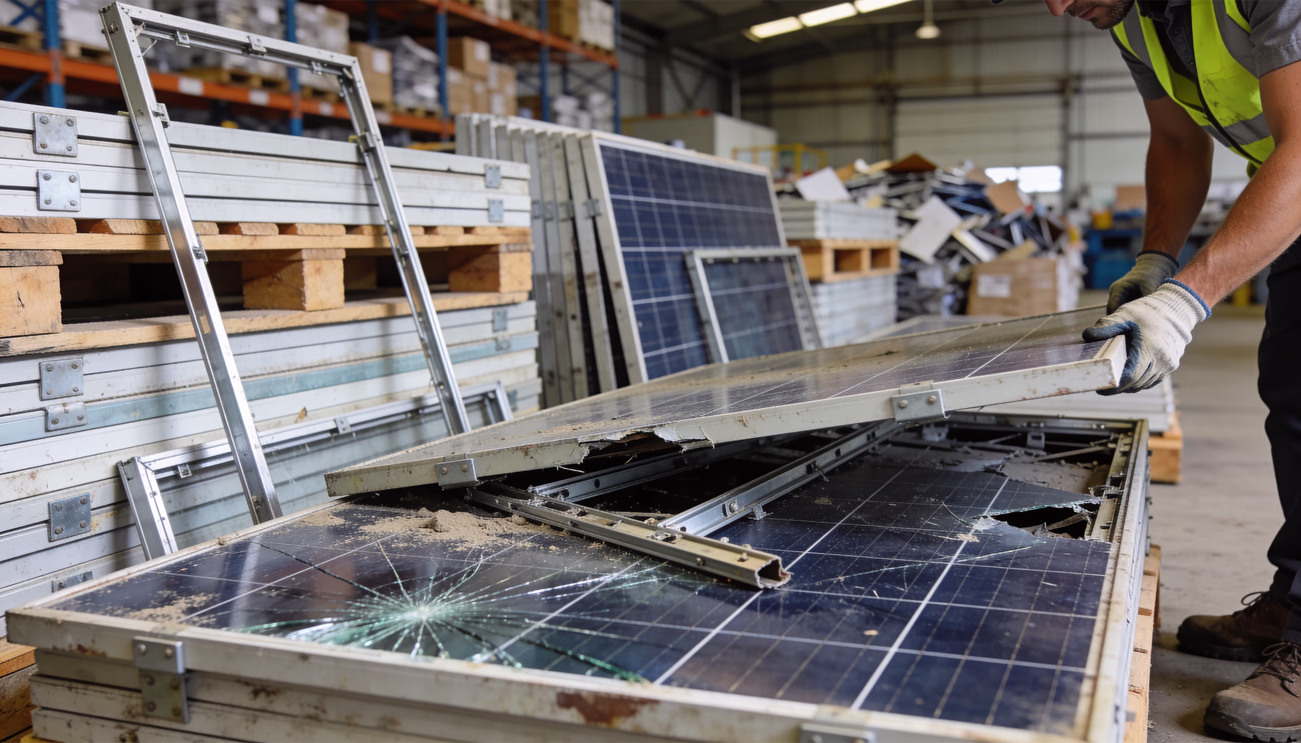 Worker sorting damaged solar panels in a warehouse
